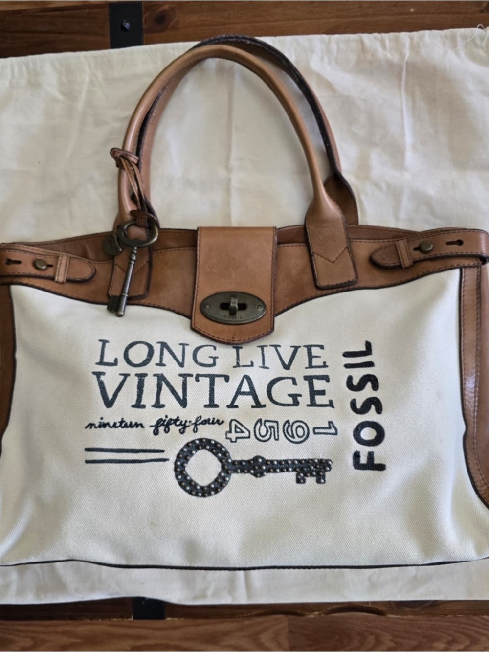 Fossil White Canvas Tote with Tan Leather Trim. Excellent Condition